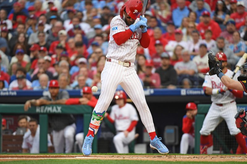 Bryce Harper leaves game early after taking pitch off elbow